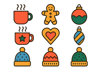 Colorful winter holiday and Christmas items: hot cocoa mugs, festive cookies, ornaments, and knit hats