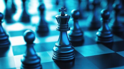 A chess board with a black king and pawns on a blue and white checkered background.