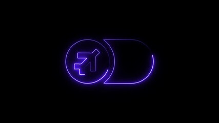 Neon airplane icon inside speech bubble glowing purple on black background abstract travel communication concept