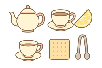 Collection of cute tea time objects including teapot, cups, lemon slice, biscuit, and tongs
