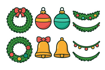 Festive Christmas holiday icons collection featuring wreaths ornaments bells and garlands