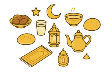 Traditional Islamic objects and food icons for Iftar and Suhoor meals during Ramadan