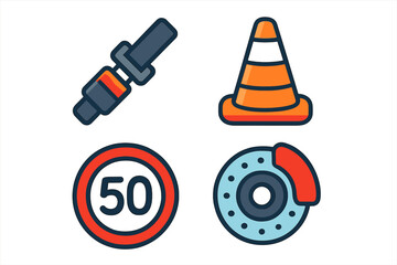 Safety icons set featuring seat belt traffic cone speed limit sign and brake disc