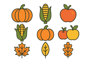 Simple graphic icons of autumn harvest elements including pumpkins, corn, apples, and fall foliage
