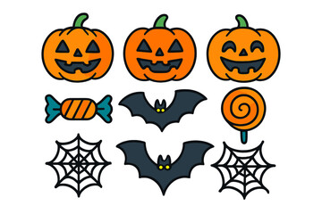 Spooky Halloween symbols featuring carved jack-o'-lanterns, flying bats, candy, and spiderwebs