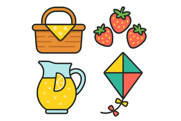 Picnic basket strawberries lemonade pitcher and kite representing summer activities