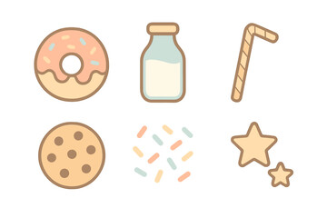 Cute pastel dessert and snack icons set featuring donut, milk bottle, cookie, and sprinkles
