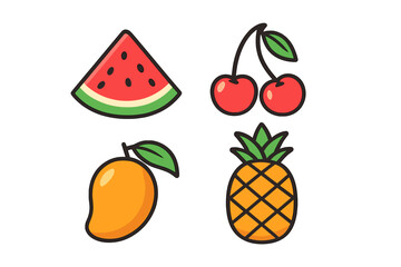 Colorful tropical summer fruits set including watermelon, cherries, mango, and pineapple