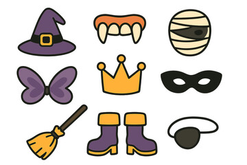 Spooky and fantasy costume accessories set including witch hat, vampire fangs, mummy mask, and crown © icon_art