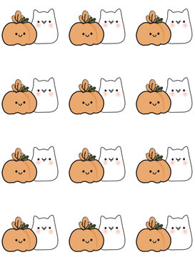 Cute Pumpkin and Cat Pattern &ndash; Kawaii Autumn Illustration 