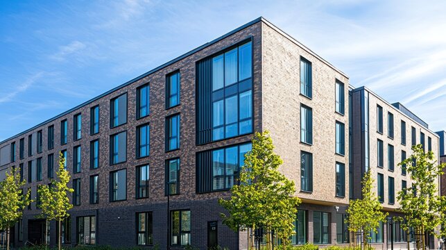 A modern apartment building with glass windows and brick facade, surrounded by green trees and a clear blue sky.