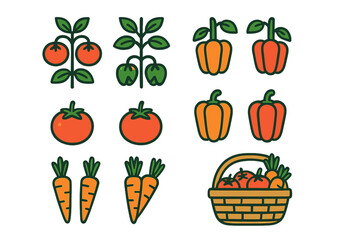 Colorful organic tomatoes, bell peppers, and carrots in a wicker harvest basket