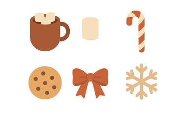 Cozy winter holiday elements including hot cocoa mug, candy cane, cookie, bow, and snowflake