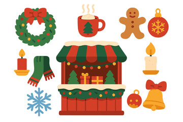 Festive Christmas market elements set including stall, wreath, gingerbread, and hot cocoa