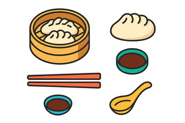 Traditional Chinese dim sum food set with steamer basket chopsticks and dipping sauce