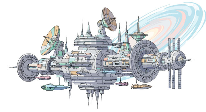 An imaginative illustration showcases a futuristic space station, complete with intricate details, communication arrays, and a backdrop of celestial bodies, evoking a sense of advanced technology and