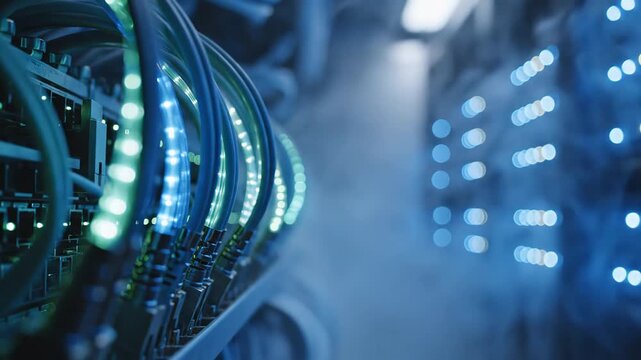 Futuristic Server Room with Cooling Mist and Blue Lights.