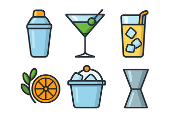 Essential bar accessories set with shaker, martini glass, and jigger icons