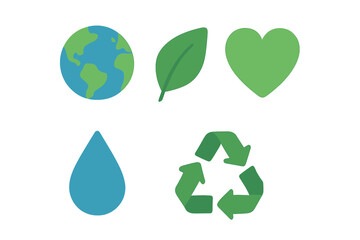 Collection of ecological symbols including Earth, green leaf, heart, water drop, and recycling sign