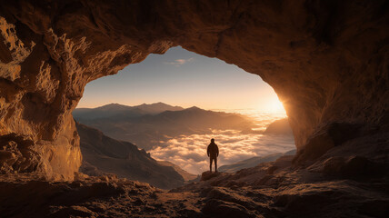 A lone figure stands silhouetted in a cave opening, gazing at a spectacular mountain range bathed in the warm glow of sunrise
