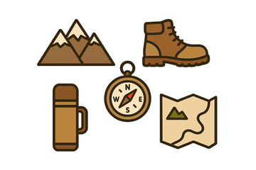 Essential outdoor adventure symbols featuring mountains, hiking boot, compass, folded map, and thermos