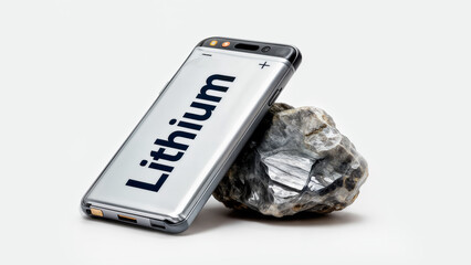 Power Bank with lithium ore on white background. New Energy Concept
