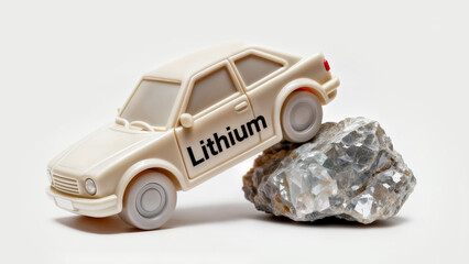 Plastic electric toy car with lithium rock on white background. Renewable energy concept
