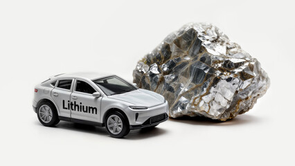 Plastic electric toy car with lithium rock on white background. Renewable energy concept