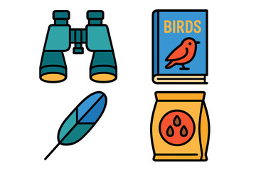 Set of bird watching equipment and supplies icons including binoculars, guide book, feather, and feed