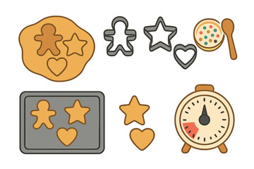 Raw cookie dough, metal cutters, baking sheet, and kitchen timer supplies