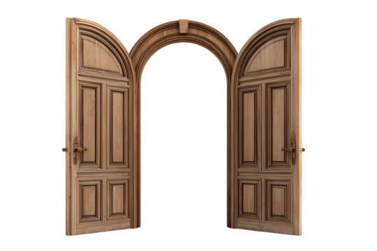 An elegantly designed wooden double door with ornate detailing, gently ajar against a dark backdrop, inviting exploration and curiosity, on transparent background - Powered by Adobe