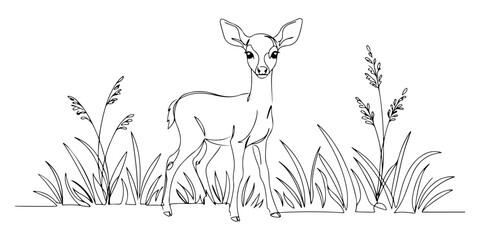 Continuous one line of fawn standing in tall grass, style vector illustration.
