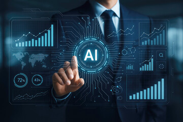 Person touching AI interface with data charts, world map, and progress indicators artificial intelligence
