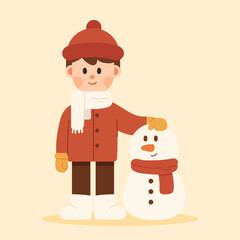 Flat cartoon illustration of a happy boy with a snowman. Christmas festive and winter holiday concept in minimal flat design, perfect for greeting, celebration, and seasonal projects.