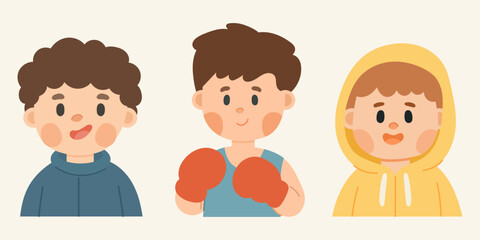 Flat cartoon illustration set of boy characters in different poses. Cute children design concept in minimal flat style, perfect for education, lifestyle, and people vector projects.