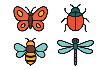 Collection of colorful flying insects: butterfly, ladybug, bee, and dragonfly for nature design