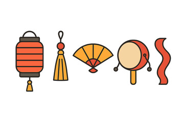 Traditional Chinese New Year festival symbols red lantern tassel fan and drum