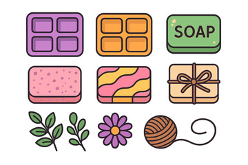 Colorful icons representing handmade soap making ingredients and bath products on a white background