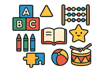 Colorful assortment of childhood educational toys including blocks, abacus, crayons, and puzzle