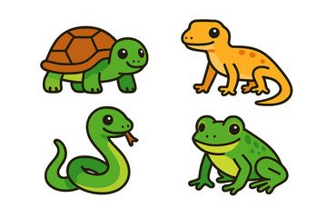 Obraz premium Cute cartoon set of four small animals: turtle, lizard, snake, and frog characters