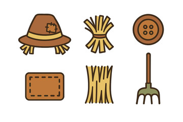 Autumn harvest and farming objects including scarecrow hat, straw, and garden rake tool