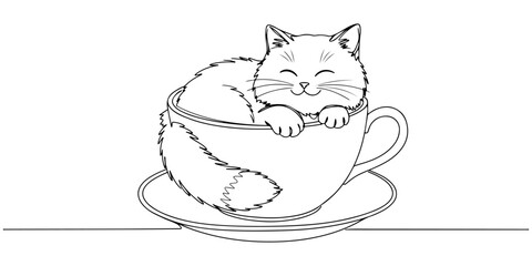 Continuous one line drawing of a fluffy kitten curled in a teacup with a sweet smile, style vector illustration.