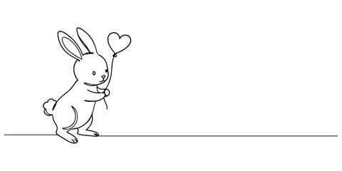 Continuous one line of a rabbit holding a small heart-shaped balloon, style vector illustration.
