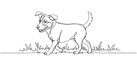 Continuous one line of puppies playing on the grassy lawn, style vector illustration.
