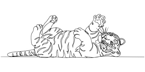 Continuous one line of a tiger cub lying on its back, style vector illustration.
