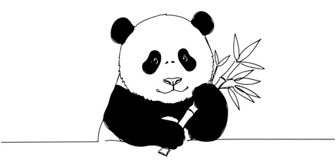 Continuous one line drawing of baby panda hugging bamboo shoot with curious expression, vector illustration style.  © Pure Outline 