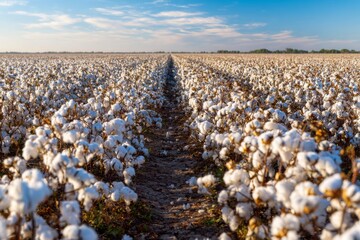 Vast cotton field in full bloom under a blue sky, stretching towards the horizon, with a clear path in the middle of the crop, showcasing agricultural beauty and rural landscape.