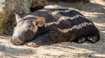 A young tapir lying on the ground in a zoo enclosure.