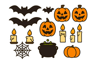 Spooky Halloween symbols set with flying bats, carved pumpkins, candles, and cauldron