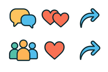 Social networking symbols featuring chat bubbles, like hearts, share arrows, and user group signs